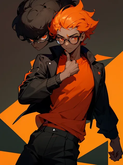 Image of a dark-skinned boy with short black curly hair, with black glasses, orange eyes, wearing a red shirt and a black jacket with white lines, with style based on that of a pokemon trainer.