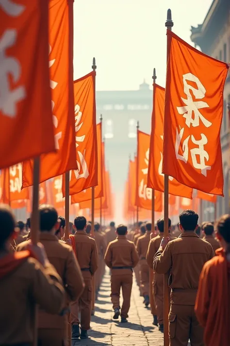 People marking with orange and white flags with the insignia of PN