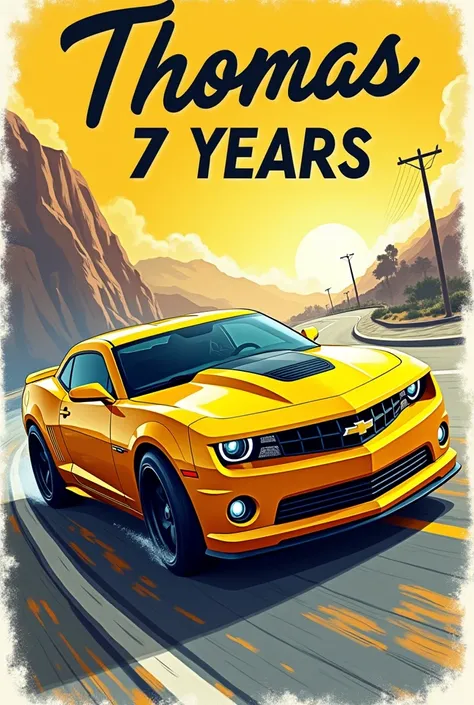 panel , yellow Camaro theme, print size 12 wide 8 high on top write Thomas 7 Years