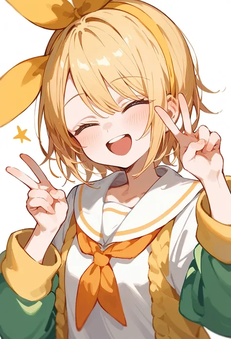 One girl、cute、Kagamine Rin、Kagamine Rinの服、Peace sign with both hands、Cheerful expression、laughing、White background