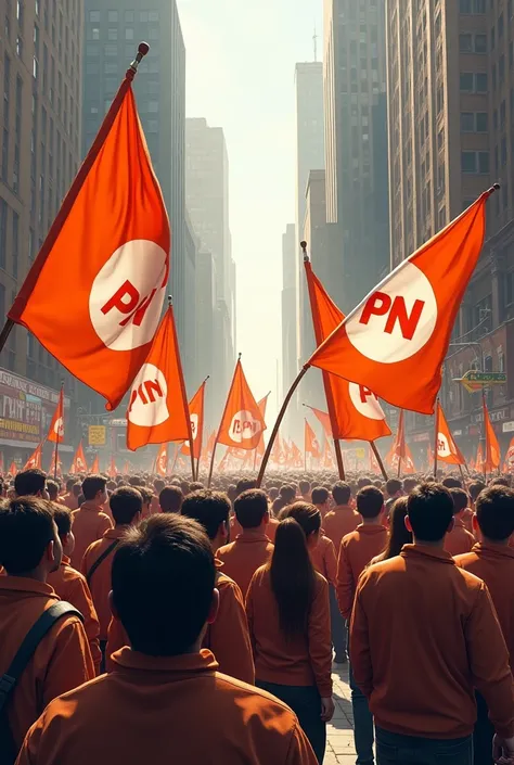 People marking with orange and white flags with the PN insignia