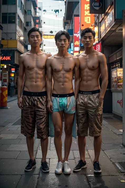 Three striking nude young Korean men with chiseled features, standing confidently at a bustling bus station. Their naked bodies are wearing by  designed small cardboard box graffiti patterns on bottom body. The setting features an urban landscape, infused ...