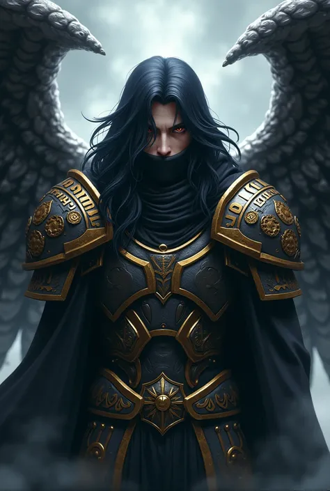 Madara Uchiha male man with celestial armor with long wavy black hair covering part of his warrior face with a black aura and wings covered in bronze and black metal with golden Hebrew letters inscribed on them with a menacing look and a hood covering his ...