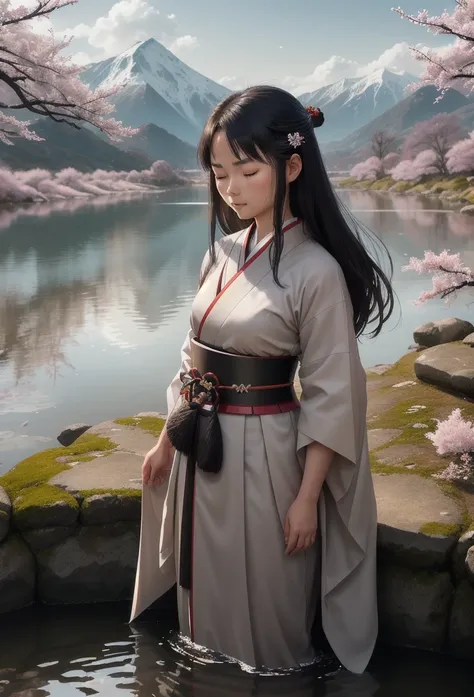 Create a serene scene featuring a 17-year-old female samurai practicing while standing in a river, She has long, dark hair that flows gently down her back, Her face is youthful yet wise, showing a determined expression with closed eyes and a slight, serene...