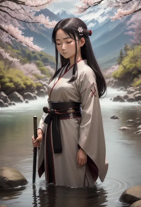 Create a serene scene featuring a 17-year-old female samurai practicing while standing in a river, She has long, dark hair that flows gently down her back, Her face is youthful yet wise, showing a determined expression with closed eyes and a slight, serene...