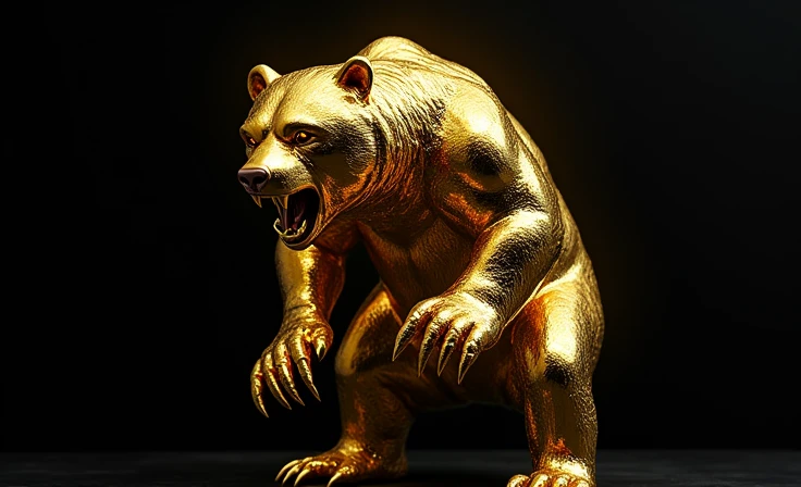 an angry shiny chrome gold bear attacking from above with its gold claws black background