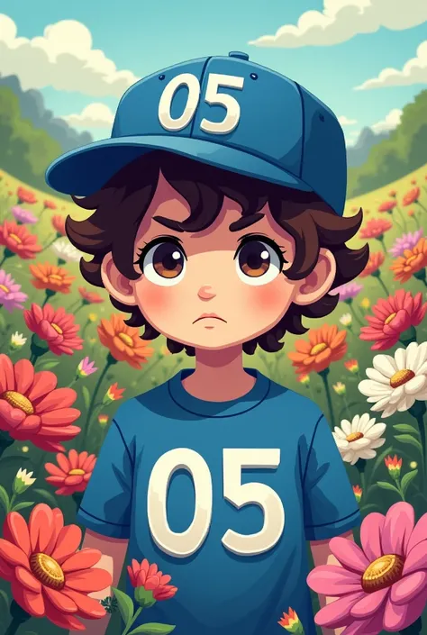 Make a boy in pixel art, with a blue shirt with a 05 in the upper right corner and a blue cap with the number 05, he has short curly hair and he has a serious face, He has brown eyes. The background is made of flowers