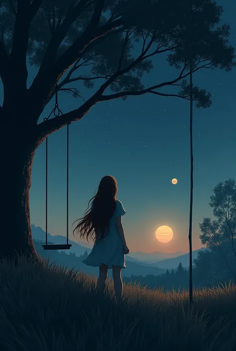 An image in the field at night, a woman with long brown hair from behind, under a tree with a swing. this&#39;it&#39;s night and you can see the stars in the sky, the moon and saturn&#39;rings s, saturno da pra ser vthis no ceu
