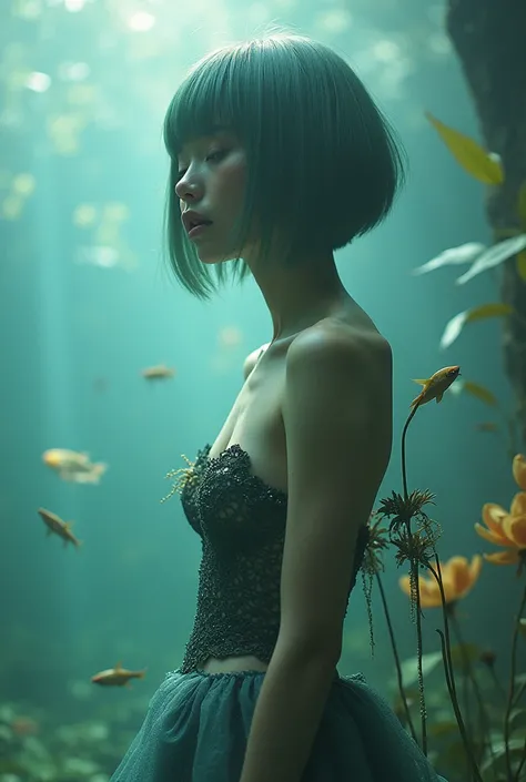 editorial photography,super detailed background,Super realistic,double exposure,depth of field,beauty skinny vibes,soft focus tone,narrative scene,open lips,Super short straight hairstyle,mermaid,mythical creatures with the upper body of a human and the lo...