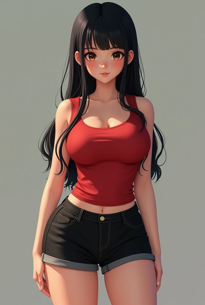 A girl in a red tank top,a black short that reaches her ass,She has big tits and a big ass,She&#39;s a little skinny,has black hair,has white skin,he is 14 years old