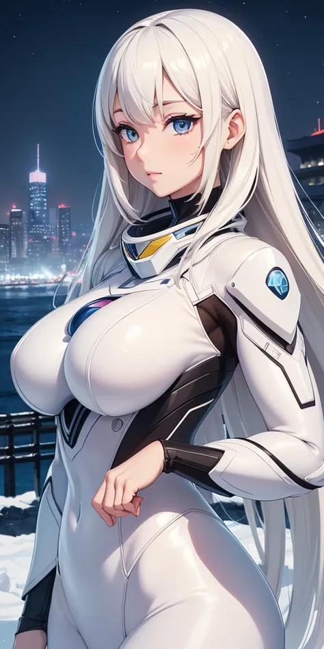 {{{best quality}}}, {{ultra-detailed}}, {illustration},{{{masterpiece}}}, japanese manga 「white suit woman」image illustlation,(hugebust upper body style:1.K,8K,hyper digital art,beautiful woman,beautiful winter city background,say hello alien,musical star,