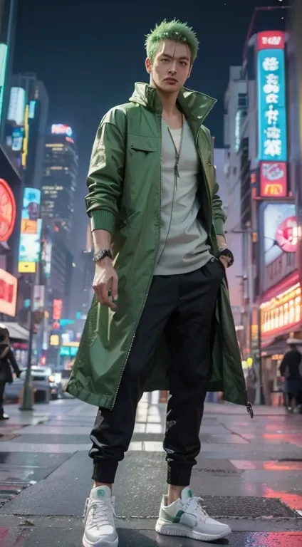 roronoa zoro, onepiece, green hair, green jacket, sneaker shoes, detailed face, detailed hair, detailed eyes, detailed hand, mod...