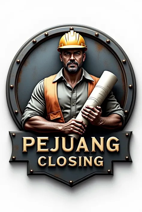 "A sophisticated emblem of a construction worker with a blueprint and hard hat, framed by a circular border to symbolize unity and strength with a quote "Pejuang Closing". The logo uses a metallic texture and a bold, serif font.