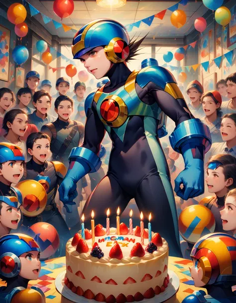 a detailed portrait of megaman.exe, a young boy celebrating his birthday in a decorated room, surrounded by his friends, with co...