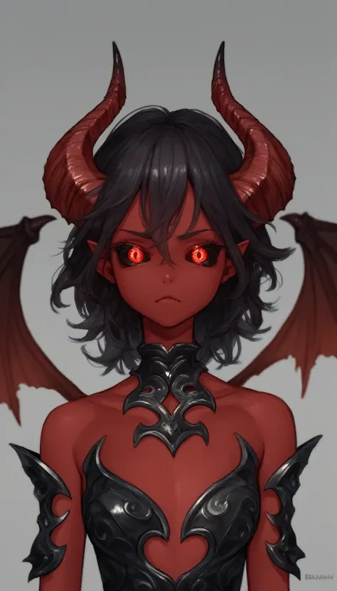 upper body, looking at viewer :: (mature, adult), demon girl, monster girl, (red skin), demon horns, demon tail, red wings, demo...