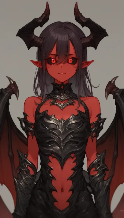 upper body, looking at viewer :: (mature, adult), demon girl, monster girl, (red skin), demon horns, demon tail, red wings, demo...