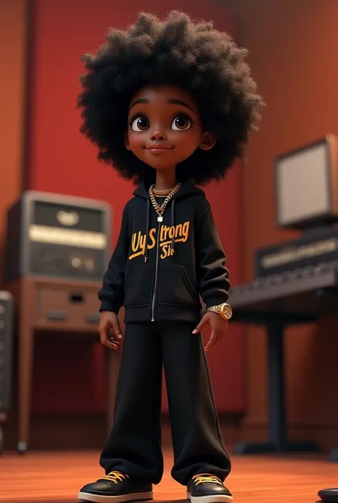 Disney Pixar (YOUNG BLACK MAN WITH LONG, CURLY BLACK HAIR) recording a song in the studio, in a black sports jacket with Wy Strong Sil writing, Wide black pants, black sneakers, many gold threads around the neck, gold watch on wrist,  ( It doesn&#39;t chan...