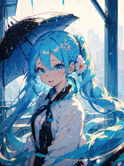 Hatsune Miku, in the rain by Yuumei, Beautiful anime portraits, 2D Anime Style, Tears in the Rain, Sad eyes, avatar image, Shining blue eyes, Anime Shōnen, Anime style portrait, inspired by Okumura Masanobu, Beautiful anime style, anime moe art style, anim...