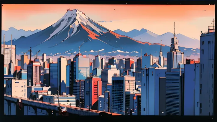 a close up of a city with a mountain in the background, retrofuturism, ukiyo-e, by sōami, hd anime cityscape, tokyo background, ...