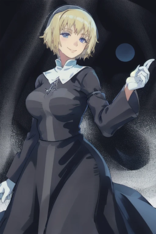 Solo, 1girl, orsolaAquinas, smile, short hair, blue eyes, blond hair, long sleeves, black dress, long skirt, medium breasts, white gloves, nun, habit, nun veil,Masterpiece, Best Quality, 