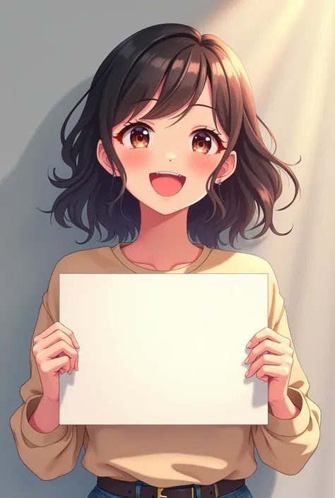 A beautiful and cute woman holding up a sign "A beautiful and cute woman holding up a sign "Woman dreaming of being in the spotlight", Joyful, Happy, Anime illustration, Realistic, ",