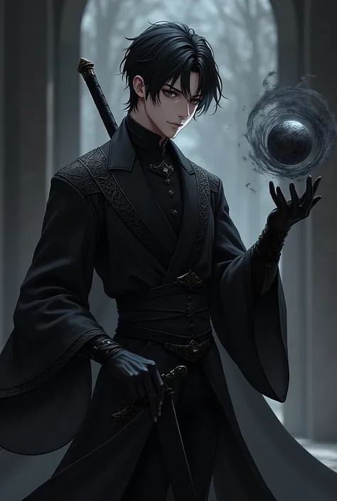 Create a young man with black hair and black eyes in a black elegant medieval outfit carrying a black sword at his waist and using a shadow ball magic in his hand with a dark background with anime designer 