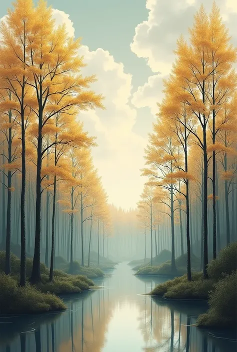 Create a 10cm tattoo of a forest of 10 poplars, Sauces, sky and water
