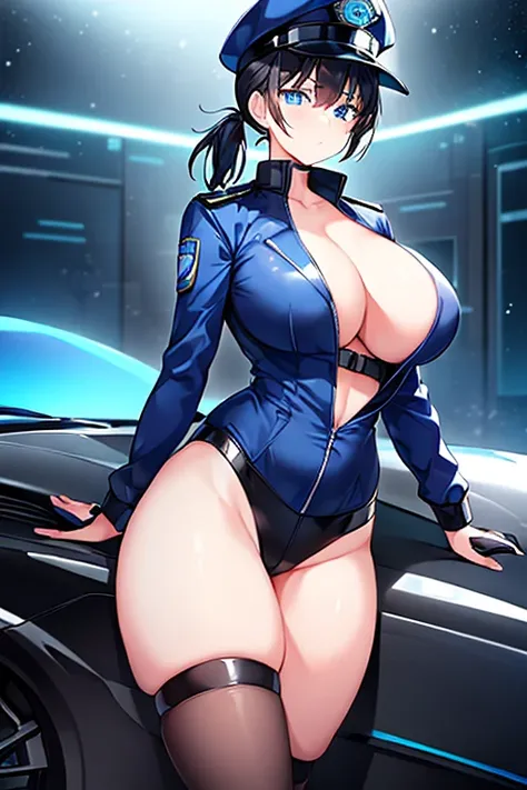 1girl, black hair, short hair, ponytail, long ponytail, blue eyes, large breasts, thick thighs, toned, hourglass figure, serious, blue jacket, bodysuit, black bodysuit, policewoman, police hat, police, neon, neon trim, futuristic, science-fiction, machiner...