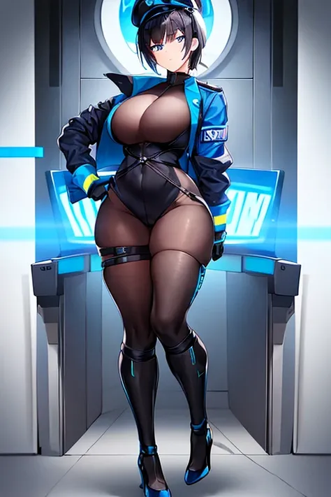 1girl, black hair, short hair, ponytail, long ponytail, blue eyes, large breasts, toned, hourglass figure, serious, blue jacket, bodysuit, black bodysuit, policewoman, police hat, police, neon, neon trim, futuristic, science-fiction, machinery, tech, full_...