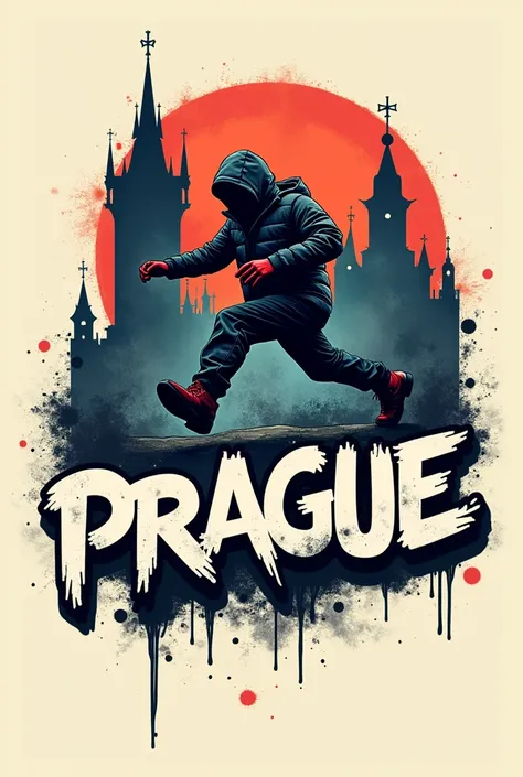 create a clothing brand logo with the name "prague" streetwear style with a background character
