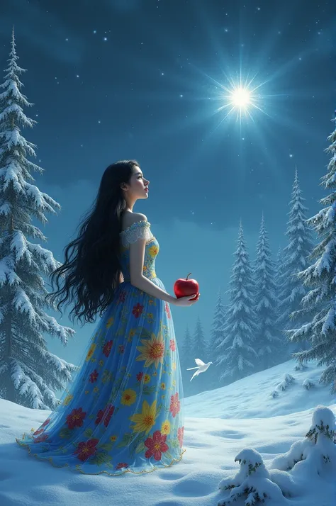 Princess with white skin and long black hair. Blue, yellow and red floral dress. In a snowy forest with a white dove. She is looking at a shining star. She was holding an apple