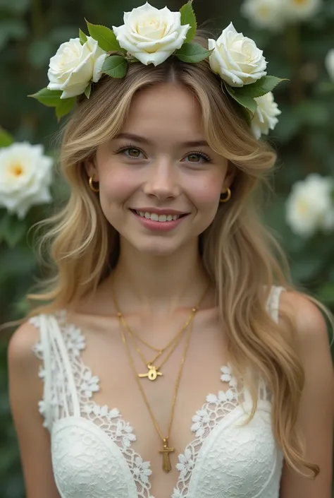  Rose line ,White Rose, Scottish girl, another  lost Holy Grail,  ((many White  rose Flower on park:1.3)), looking at viewer, Scottish woman , 18 age old, (gold hair, middle hair, , fringe brown eyes, beautiful lip, big smile), gold crescent earrings, gold...