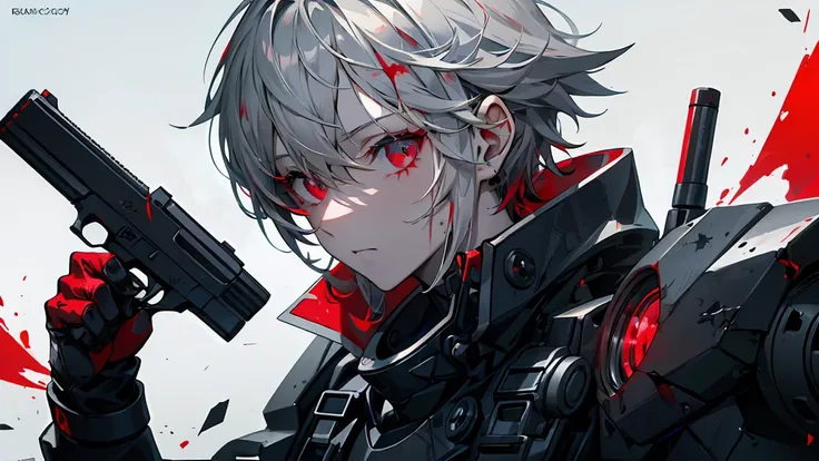 handgun、((aim the gun at the camera))、((upper body))、((gray hair))、((photograph from the front))、(((((gun))))),((((pointing the ...