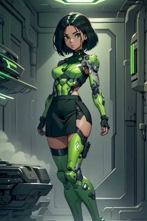 a handsome, youngh, barefoot cyborg woman, wearing cyber tech black, green and white armor with skirt, arm and leg prostheses , ...