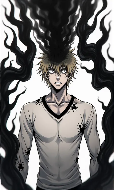 entity, masculine, adolescent, black and white, white eyes without pupils, blond hair, camiseta de tirantes, athletic body, manga style, black aura coming out of his entire body, angry face, intimidating, furioso, detalle facial alto, Closed mouth, wounds,...