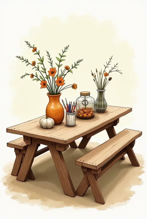 Create a sketch with a table measuring 90cmX180cm accompanied by two benches measuring 45cmX180cm. The table must be covered with brown paper. Place various natural elements under the table in pretty wooden or gourd pots., put colored pencils inside a pret...