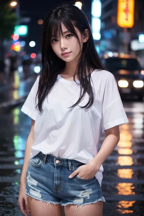 Beautiful woman、Japanese、Standing in the city at night、Heavy rain、The front of the white shirt is open、Denim shorts、My hair and shirt are soaking wet、Photorealistic、High definition