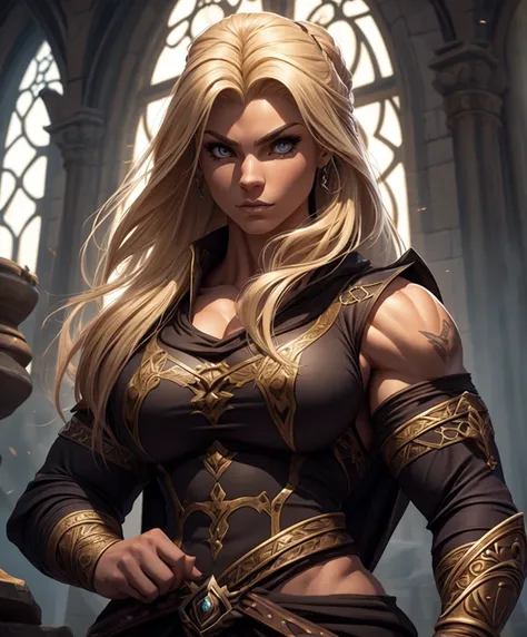 (((muscular female bodybuilder as a fantasy character who looks like fbb blonde muscular megan avalon.))) (((she wears medieval ...