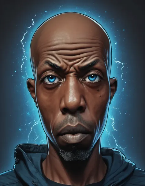 shawt a bald black man, extremely detailed electric blue galactic face, twinkling eyes, mean expression, anastomosing veins, sic...