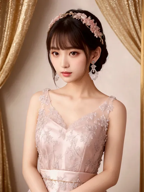 A young woman stands in front of a decorative background、Wearing a silver lace dress。The dress is transparent、Decorated with delicate lace、Open shoulder and neck design。Her hair is in a short bob、It is nicely arranged。Wear simple earrings、The makeup is nat...