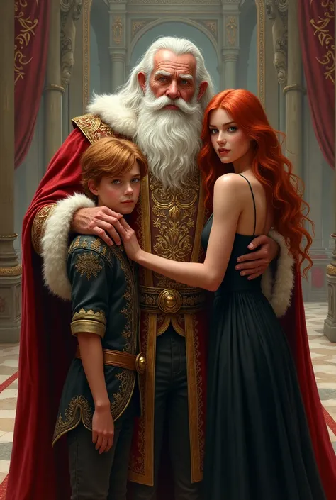 65 year old man, wardrobe of a king ,with a beard hugging two 16-year-old boys, A redhead in a black dress and green eyes, the other blonde with brown eyes and blue clothes. Princess , background of a princess castle