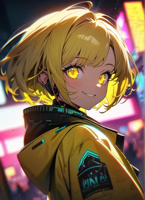 cyber punk,Yellow Hair,蛍光のYellow Hair,Fluorescent yellow eyes,cyber punkな背景,Blurred Background,Yellow Jacket,Rainbow High Resolution, High detail, Ultra high definition, ((Glowing yellow eyes)),Character portrait, Wide-angle shot, smile,whole body