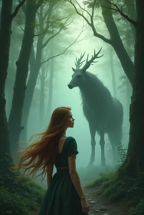 A brown-haired woman looks out from the ground of a forest with many trees and fog at a theriocephalus 