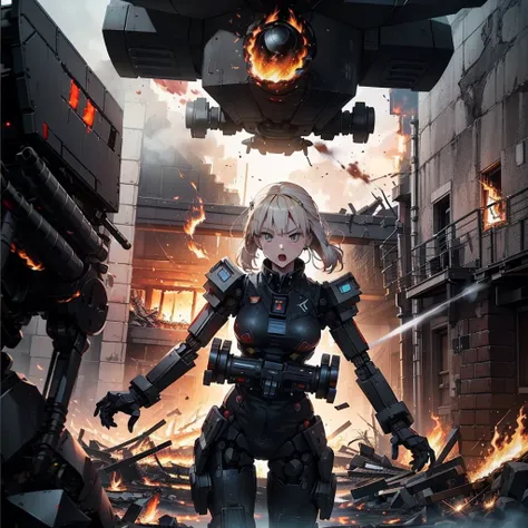 (Female soldier with well-trained body)、(((Fire machine guns to destroy enemy robots:1.4)))、1 woman、1 robot、(Black combat uniform)、(Platinum Blonde Hair:1.2)、(Angry Face),shout out loud、(Shoot a rifle)、Running through the rubble、((Ultra-high resolution))、W...