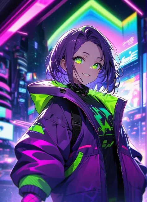 cyber punk,Purple Hair,蛍光のPurple Hair,Fluorescent purple eyes,cyber punkな背景,Blurred Background,Purple Jacket,Rainbow High Resolution, High detail, Ultra high definition, ((glowing green eyes)),Character portrait, Wide-angle shot, smile,whole body