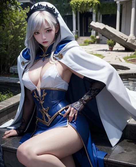 South korea women mystery hooded on with modern royal Blue coat with buttons and royal Blue cape and very high white heel over the knee and white gloves, As she reveals a small secret hidden blade, blood stain on her,adding to the character’s mysterious an...