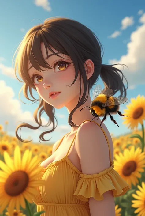 a bumblebee, Momoe Sawaki, beautiful detailed eyes, beautiful detailed lips, extremely detailed eyes and face, long eyelashes, beautiful girl, 1girl, elegant dress, summer garden, blue sky, fluffy clouds, golden sunlight, warm color palette, vibrant colors...