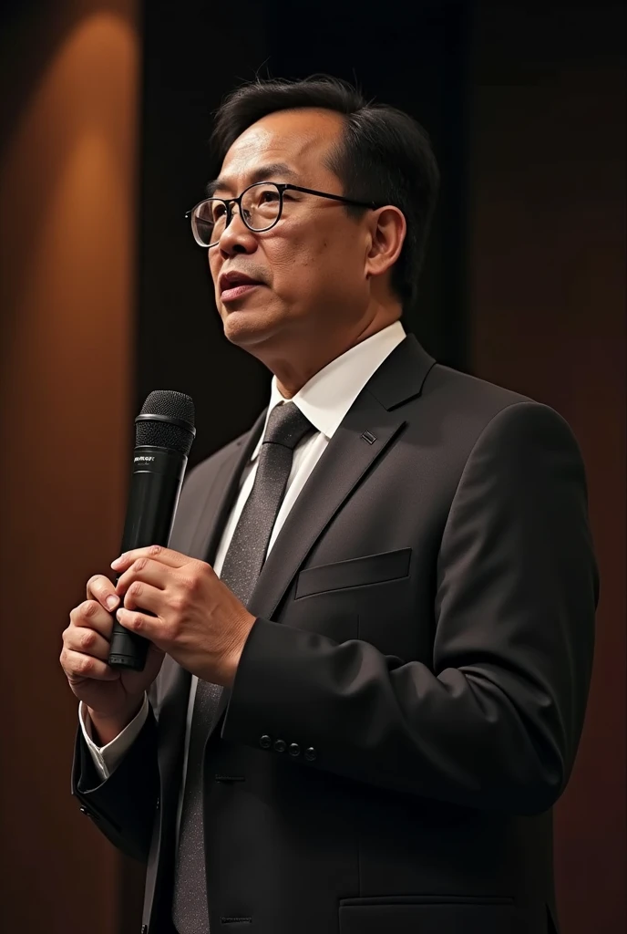 men 40 years old indonesia, wearing suit formal, speaker in front seminary, use glasses, closeup front, microphone on hand