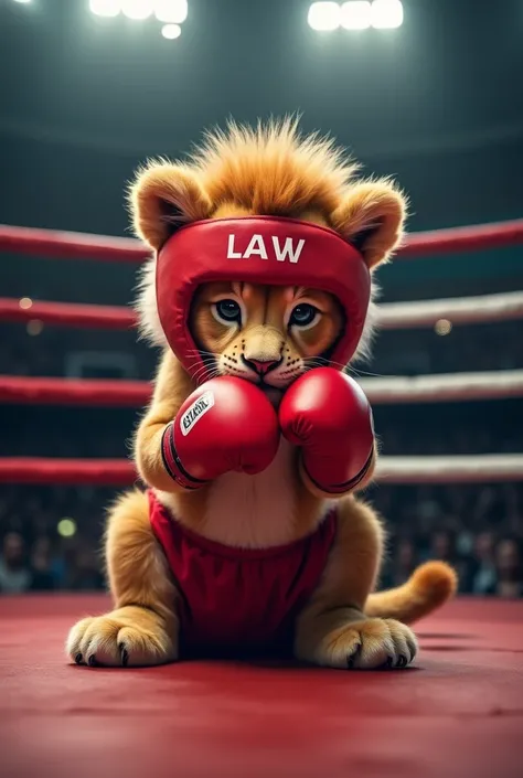 Message: "A cute and determined lion cub dressed in red boxing equipment, including gloves, shorts and a headband, is training in a boxing ring. The lion cub is bowing his head on his knees sad, which has letters in bold The scene takes place under bright ...