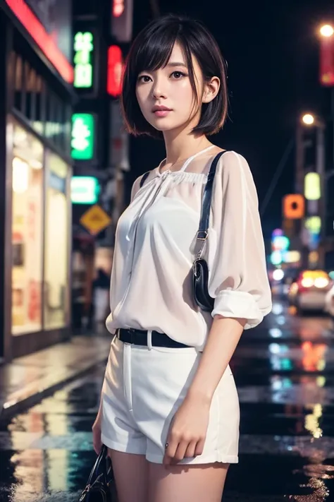 Beautiful woman、Japanese、Standing in the city at night、Heavy rain、White blouse、Shorts、short hair、Her hair and blouse are soaking wet.、A cold look、Photorealistic、High definition